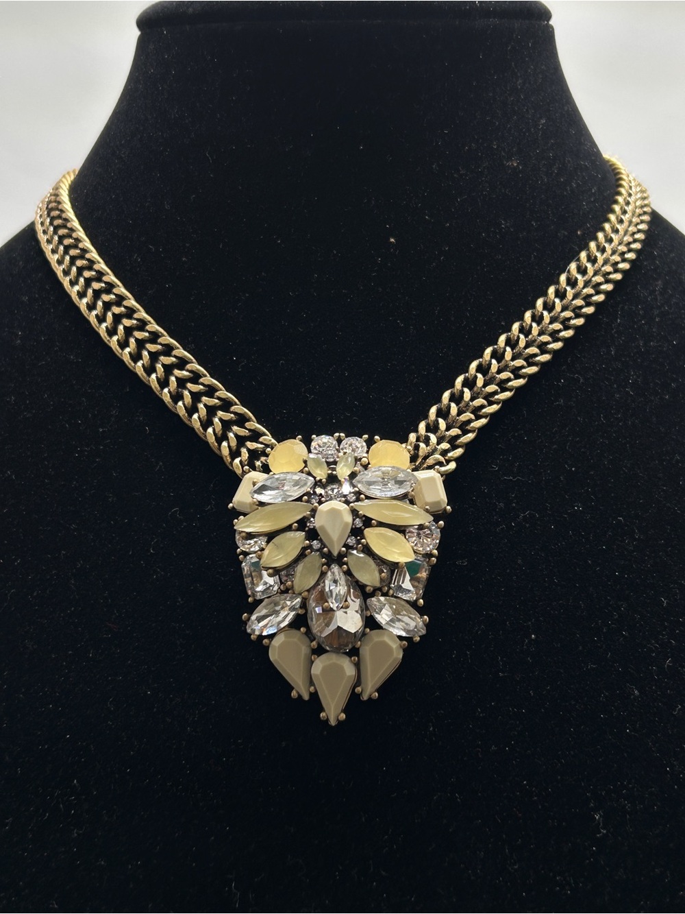 J. Crew, Gold Necklace, Clear And Cream Crystals, Chunky Double Curb Chain